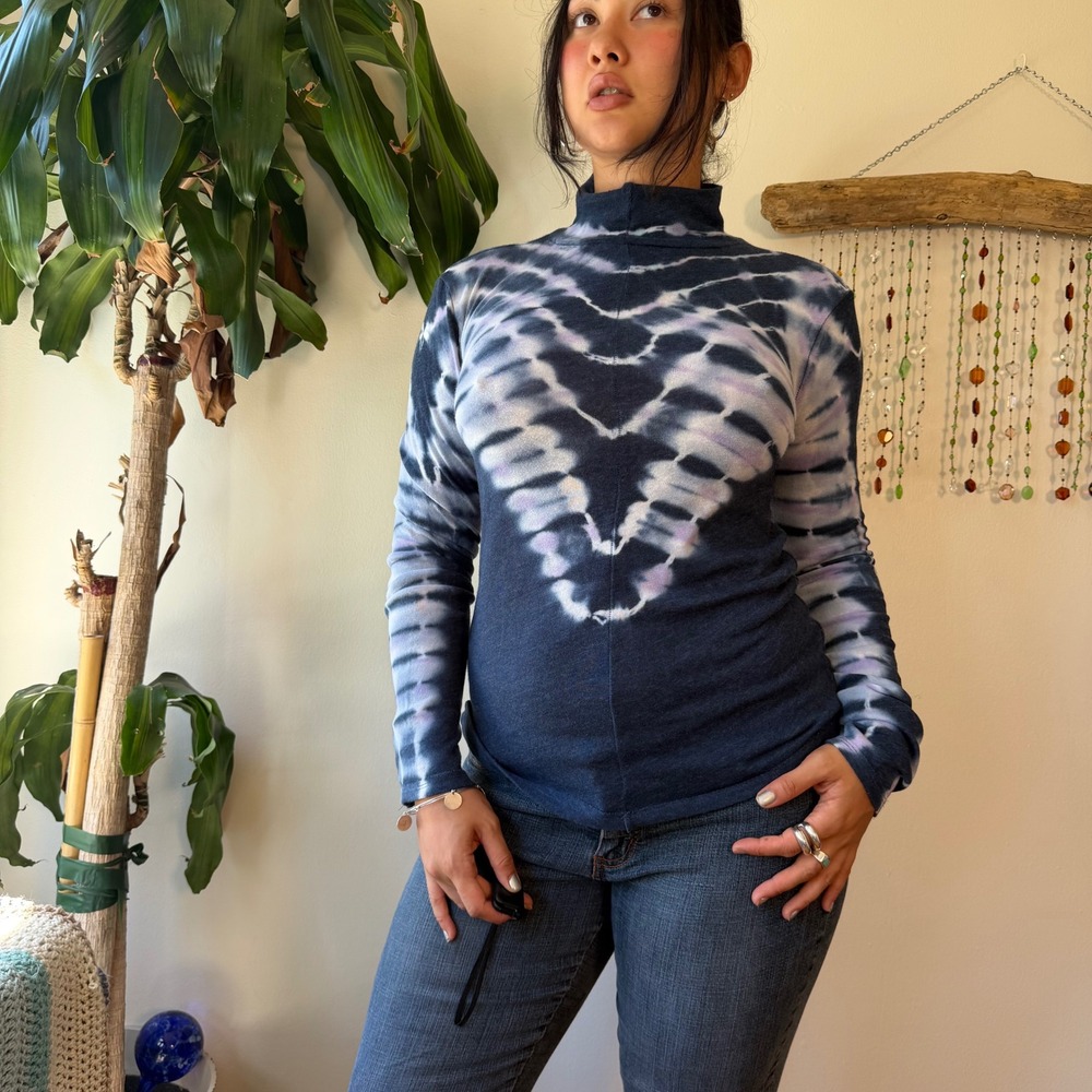 Free People Tie Dye Mock Neck Boho Long Sleeve Top Navy Blue Mermaidcore Large